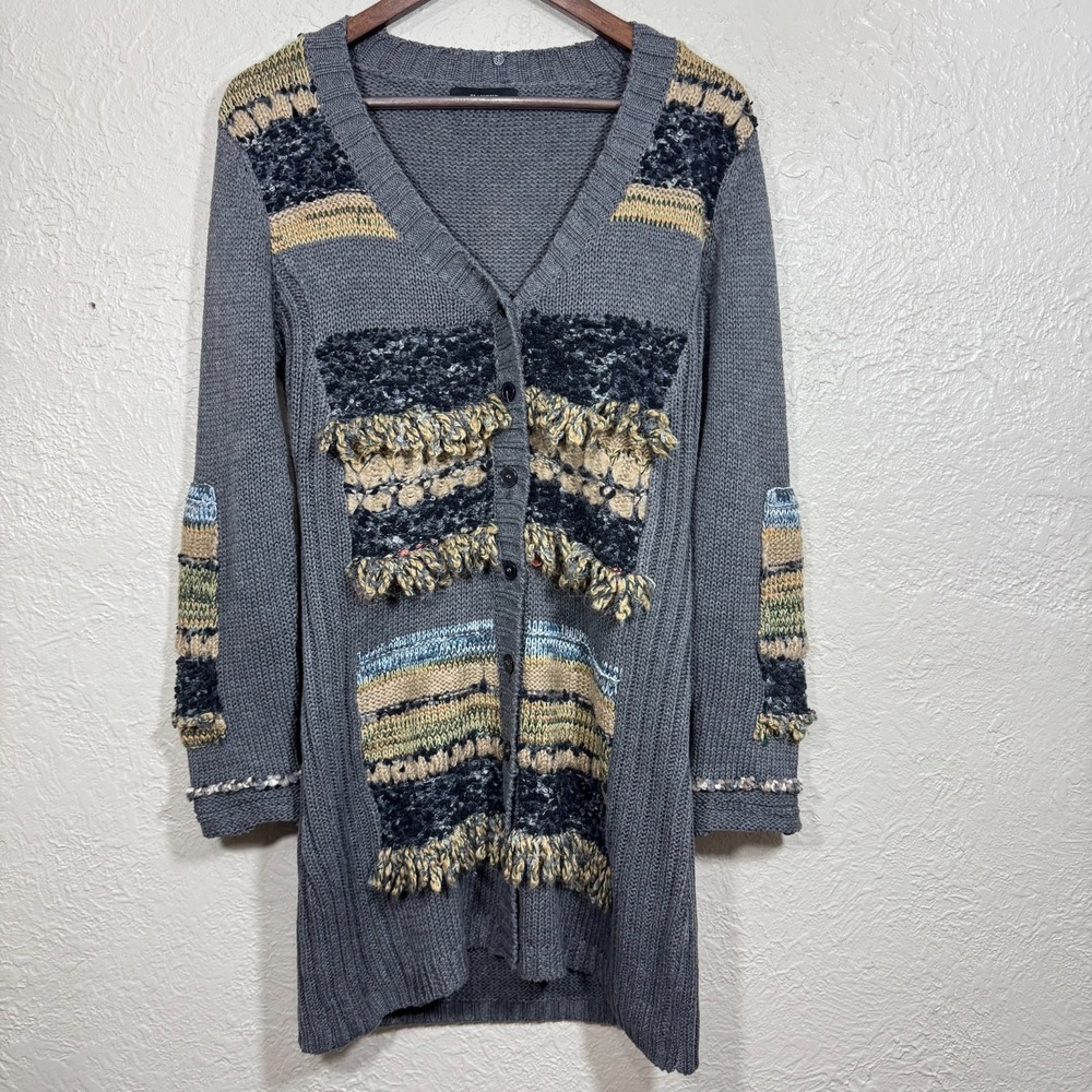 Kaktus Cardigan Sweater Sm Patchwork Fringe Duster Long Chunky Knit Boho Hippie
